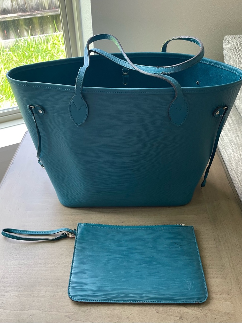 Louis Vuitton Teal Epi Neverfull Leather Tote with Wristlet